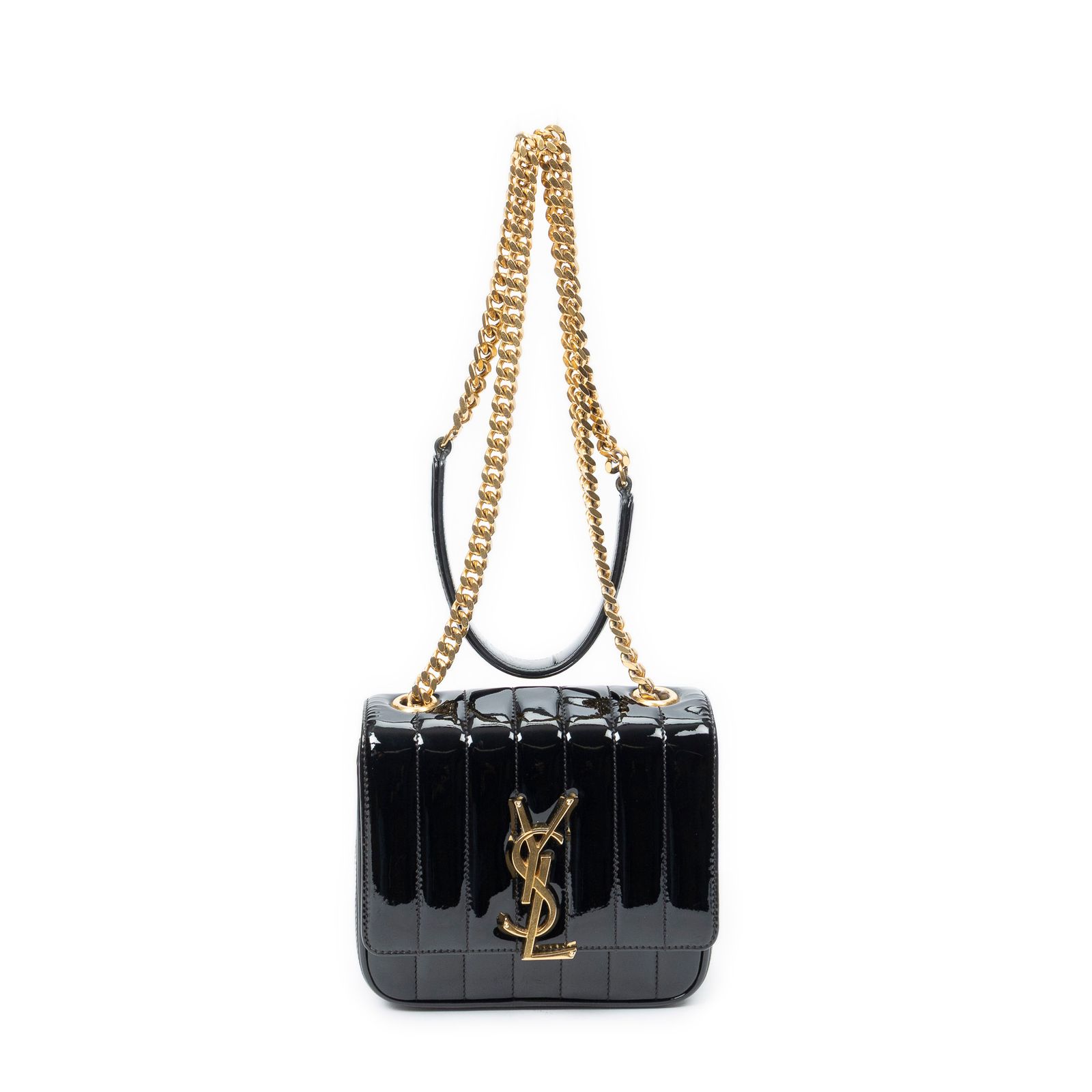 [中古] YVES SAINT LAURENT イヴサンローランSmall Vicky Chain Crossbody黒マトラッセのシワ加工パテントレザーA 102,190円