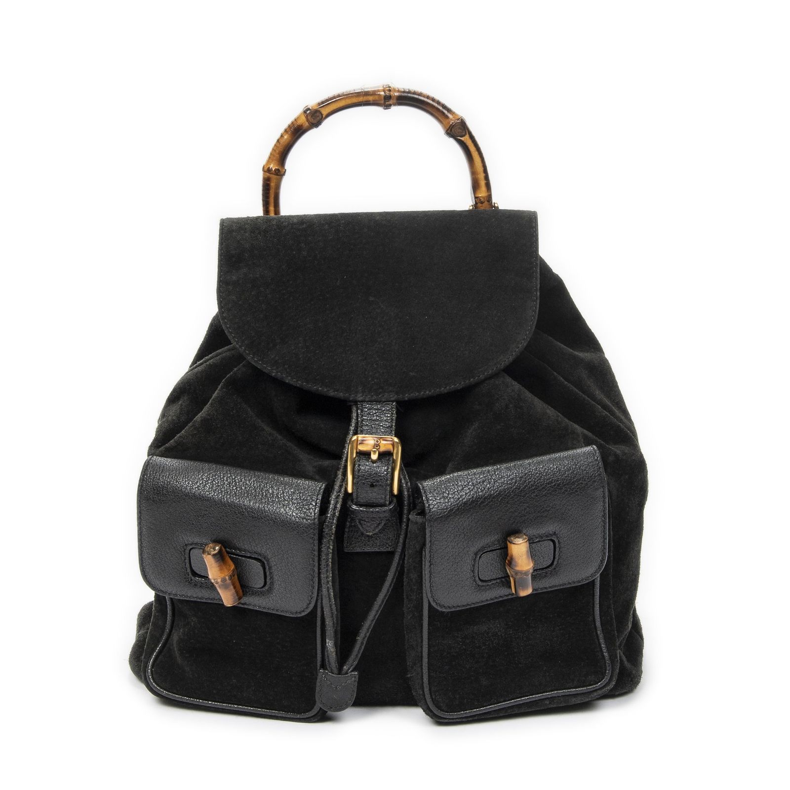 [中古] GUCCI グッチラージバンブー リュックサック黒スエードレザーAB