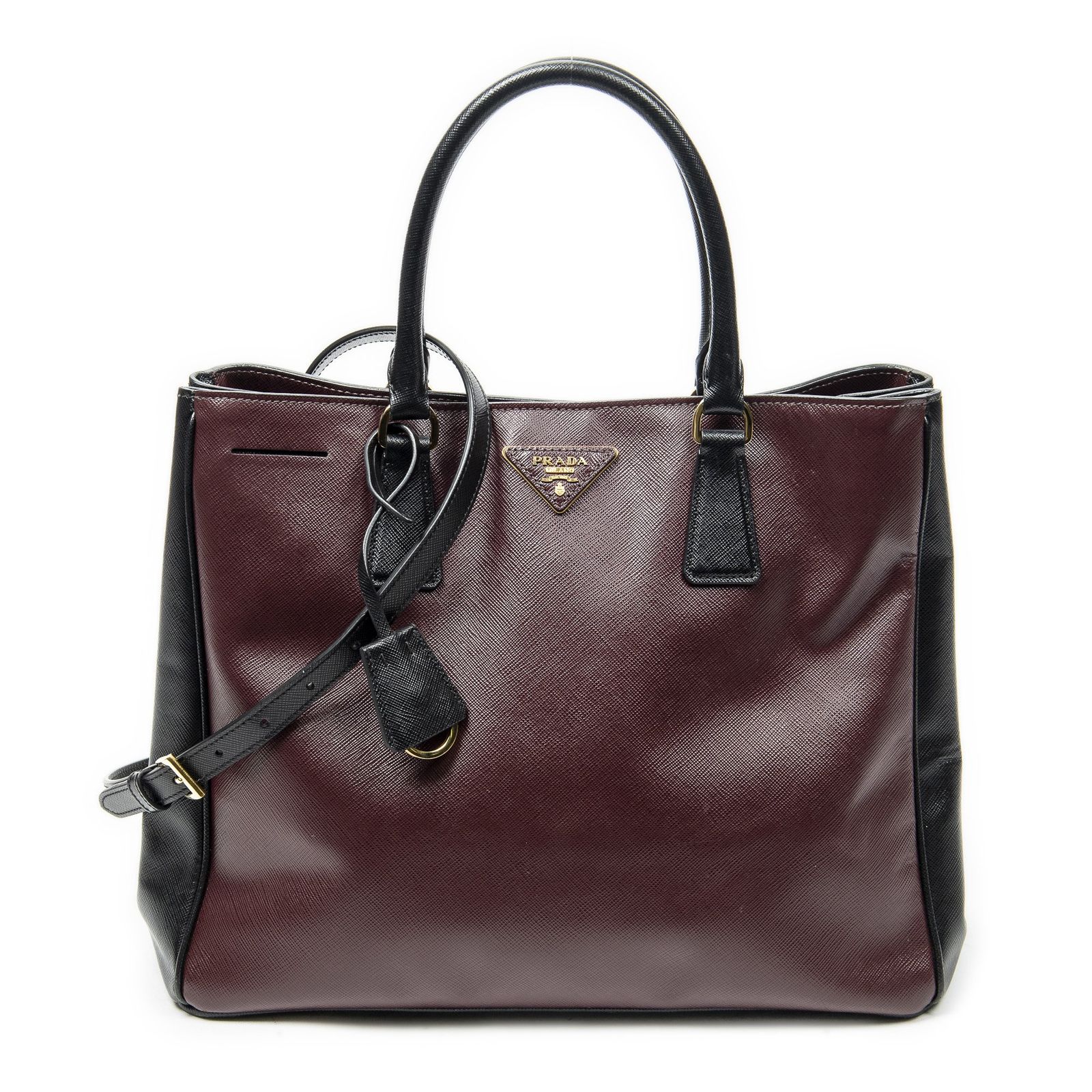 [中古] PRADA プラダコンバーチブルオープントートバーガンディ、黒サフィアーノレザーA