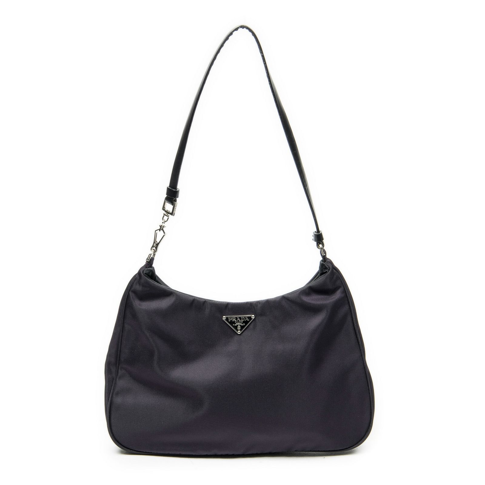 [中古] PRADA プラダスモール ジップ ホーボー紫、黒ナイロンキャンバスA