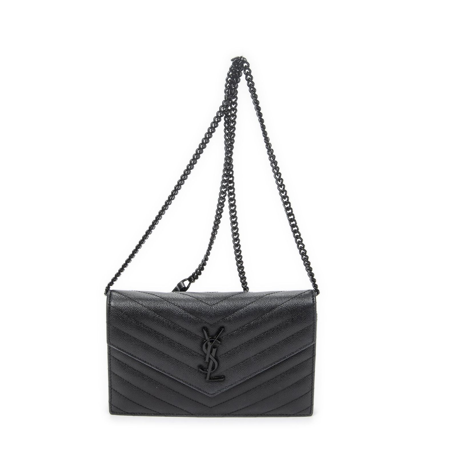 [中古] YVES SAINT LAURENT イヴサンローランエンベロープチェーンウォレット黒マトラッセ グレイン ドゥ プードル レザーA