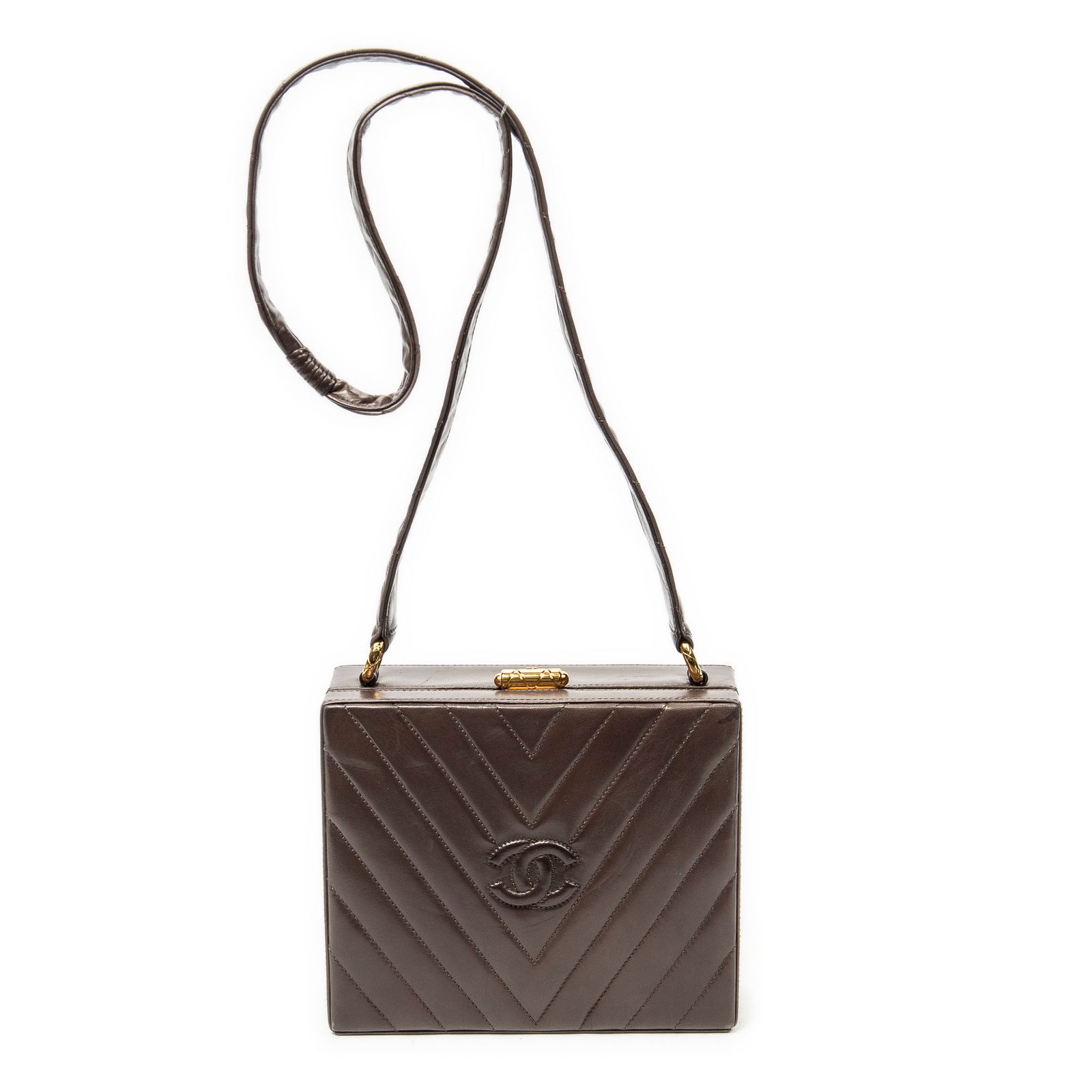 [中古] CHANEL シャネルVintage CC Square Box Bag茶色マトラッセシェブロンレザーAB