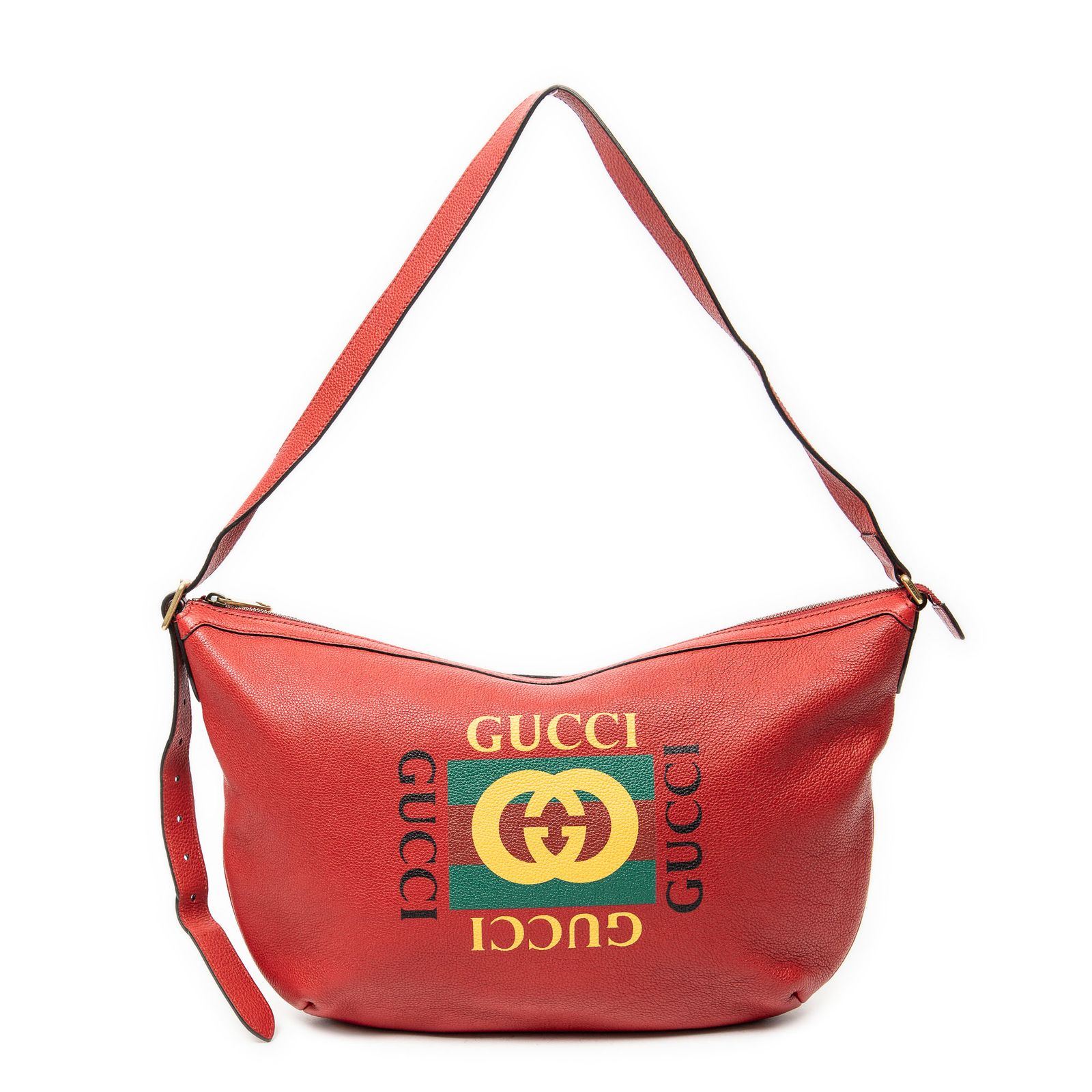 [中古] GUCCI グッチLarge Halfmoon Hobo赤プリントレザーA