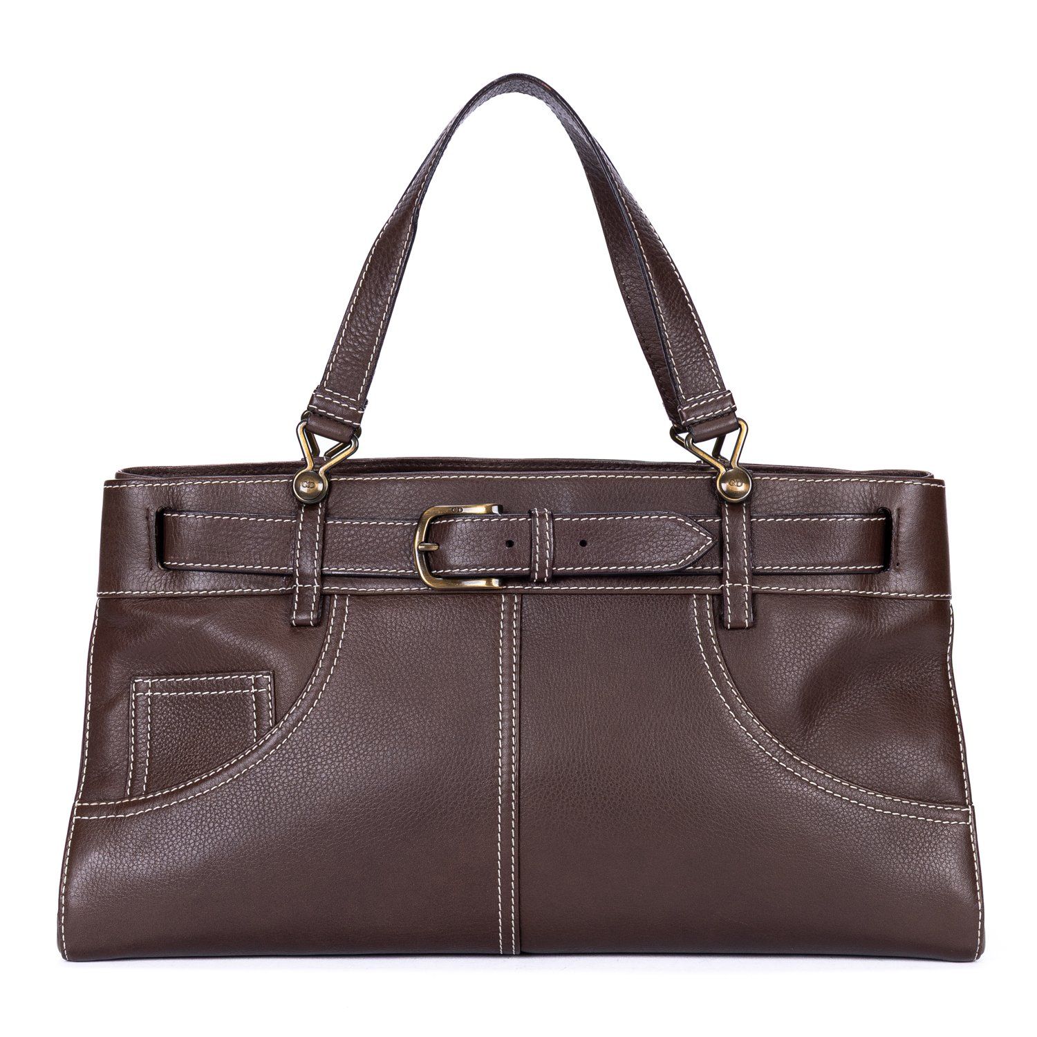 [中古] DIOR ディオールデニム フロントポケット トートバッグ茶色カーフスキンレザーA