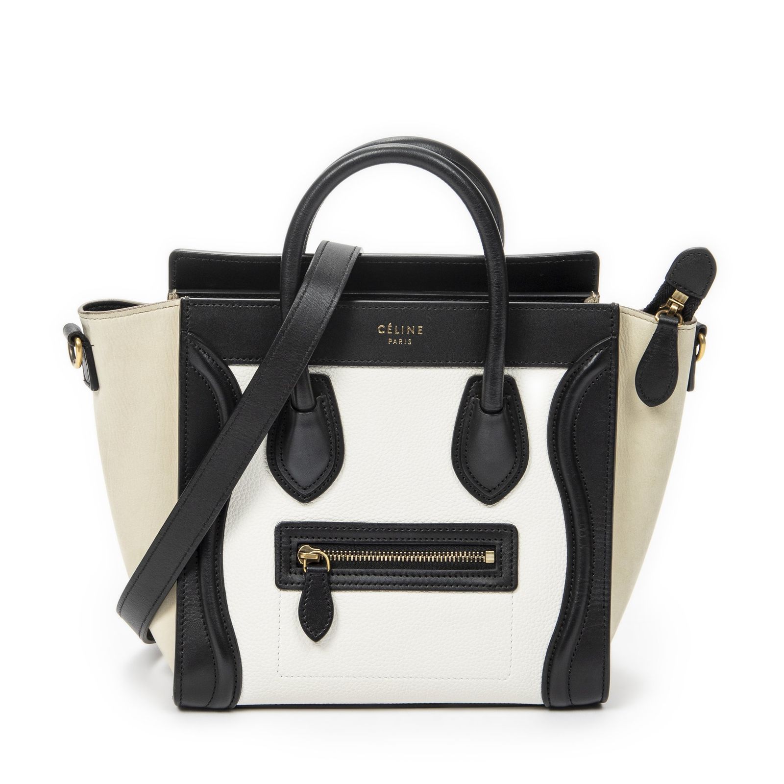 [中古] CELINE セリーヌNano Tricolor Luggage白、黒、ベージュカーフスキンレザーA