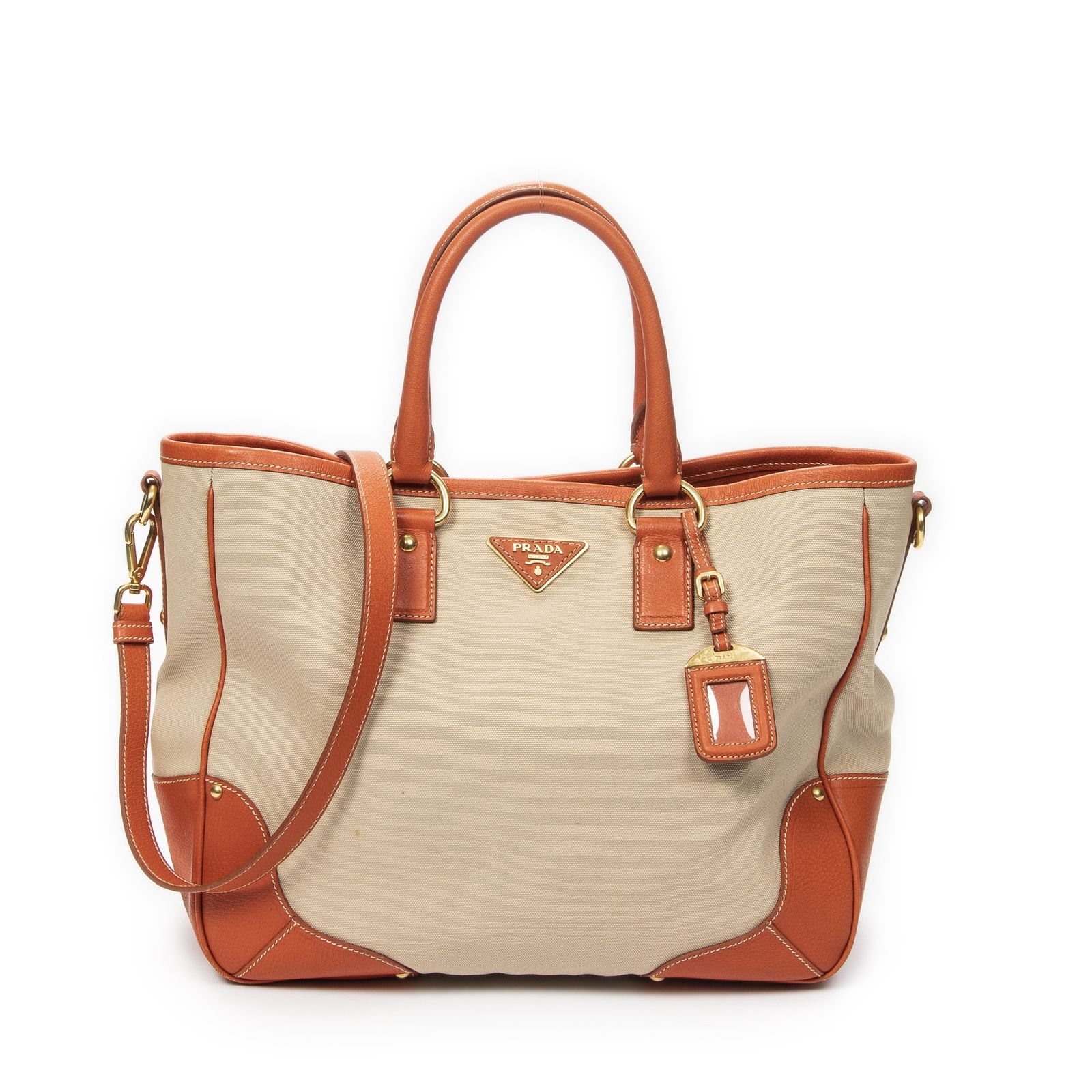 [中古] PRADA プラダショッピングトートオレンジ、ベージュウオーベンキャンバスA