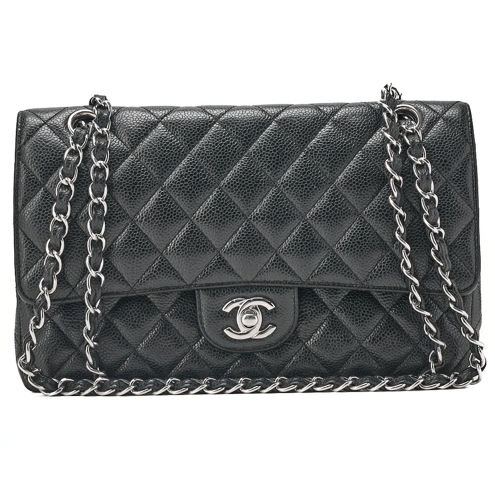 CHANEL シャネル　キャビアスキン　マトラッセ　25cm　ダブルフラップ　チェーンショルダー　黒（シルバー金具）レディースバッグ　トートバッグ　ハイブランド 【中古】【送料無料】