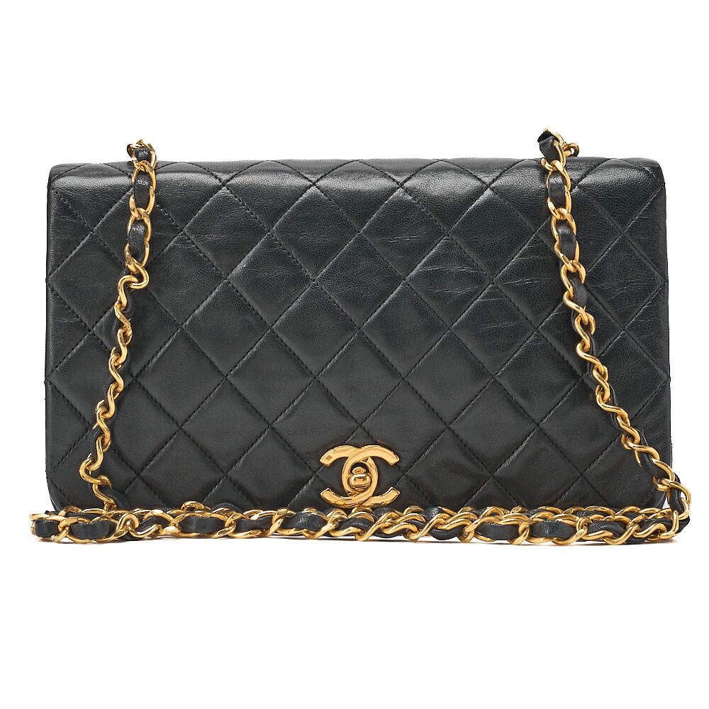 CHANEL ラムスキン マトラッセ フルフラップ ターンロック チェーンショルダー 黒 ゴールド金具 フルフラップ ターンロック ブランド【中古】【送料無料】