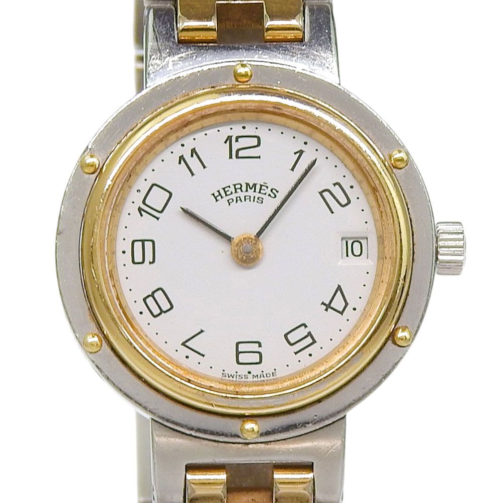 【HERMES】エルメス クリッパー ステンレススチール×金メッキ クオーツ アナログ表示 レディース 白文字盤 腕時計