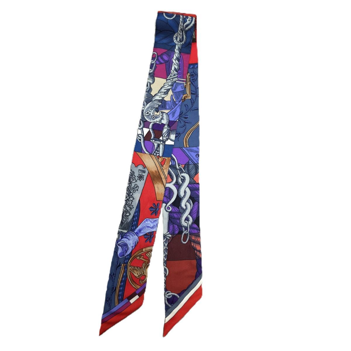 HERMES エルメス Cavalleria d Etriers/カヴァッレリア デトリエ 騎兵の鐙 ツイリー スカーフ レディース シルク レッド ネイビー 中古