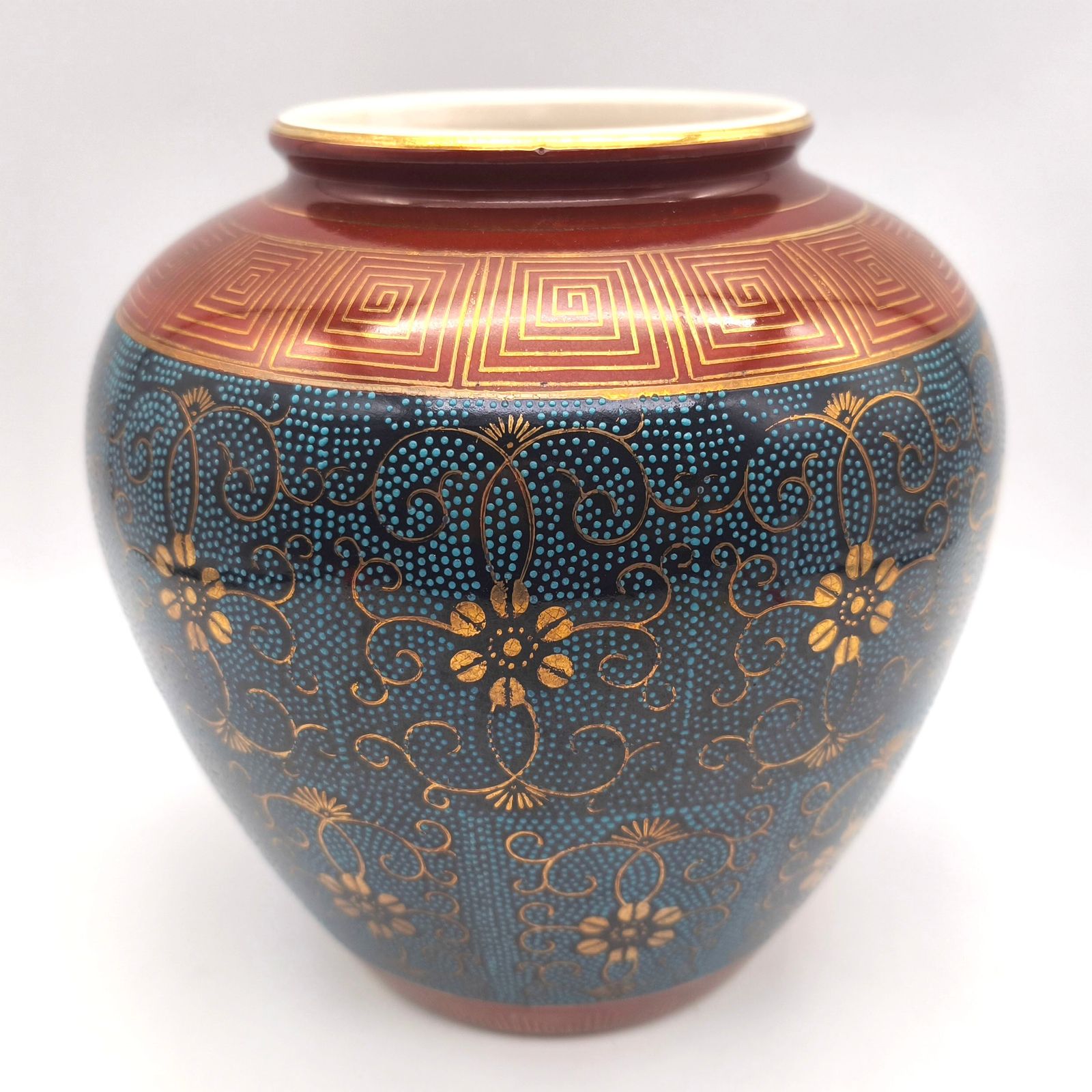 九谷焼・清峰・青粒鉄仙・唐草文様・花器・花瓶・花入・No.260619-41・