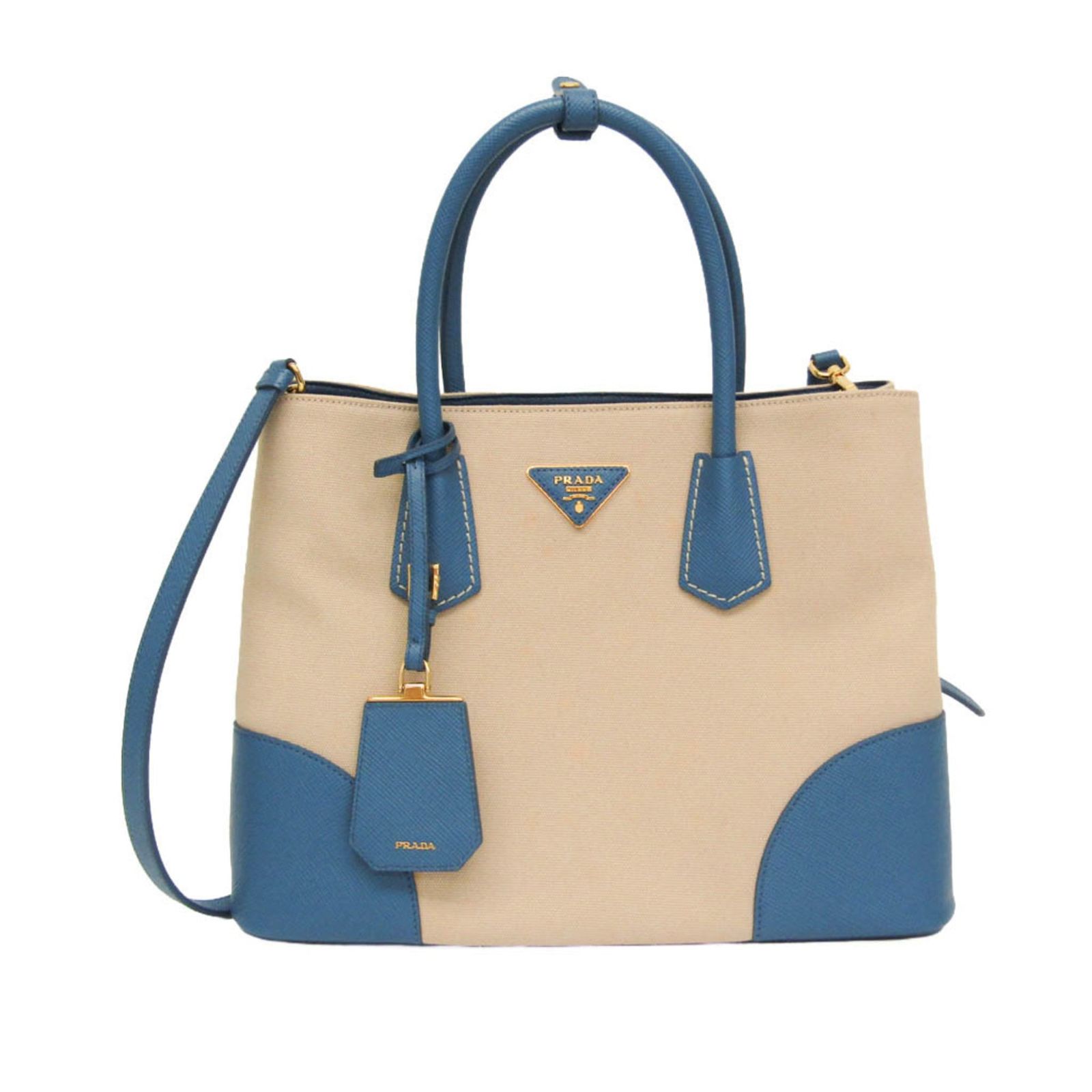 プラダ(Prada) サフィアーノ ダブルバッグ ミディアム BN2775 レディース キャンバス,レザー ハンドバッグ,ショルダーバッグ ブルー,ライトベージュ