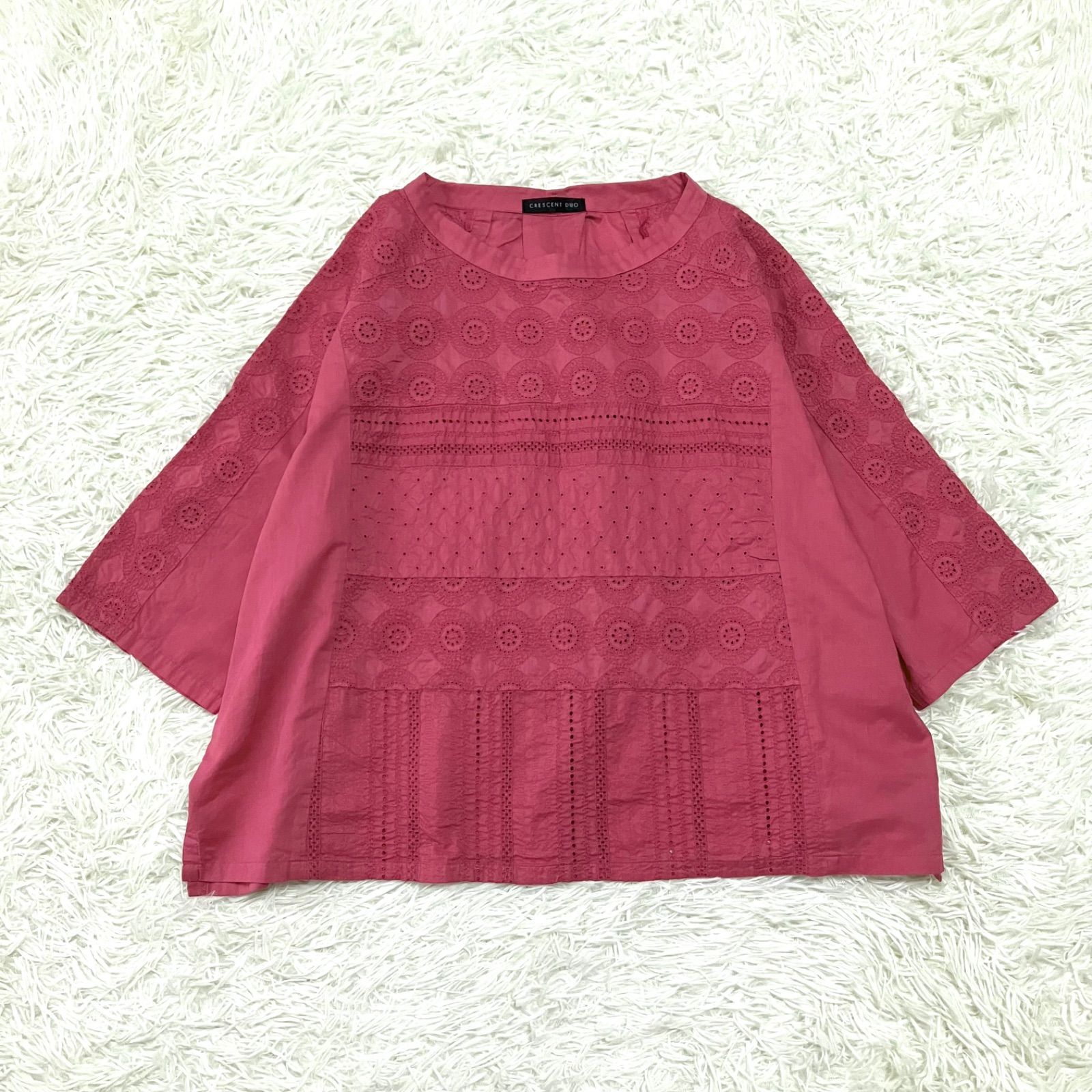 CRESCENT DUO コットンレースのプルオーバー コットンブラウス レース模様の刺繍入り 七分袖 ピンク Mサイズ