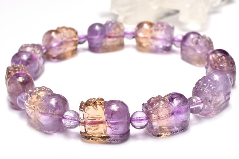 【１点物】繊細彫刻の色彩美 アメトリン　12-14x8.5-9(丸玉5)mm　貔貅彫刻 ブレスレット パワーストーン 天然石 _MD1397