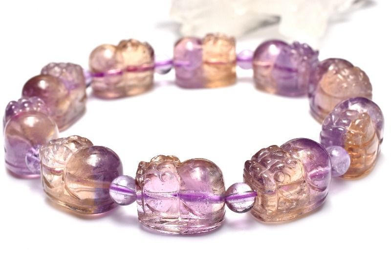 【１点物】繊細彫刻の色彩美 アメトリン　14.5-15x9.5-10.5(丸玉5)mm　貔貅彫刻 ブレスレット パワーストーン 天然石 _MD1401