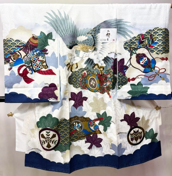 お宮参り 産着 のしめ 男児 男の子 正絹 綸子 豪華絢爛 金刺繍 祝着 鷹 鼓 白地 一つ身 掛け着 熨斗目 NO43781