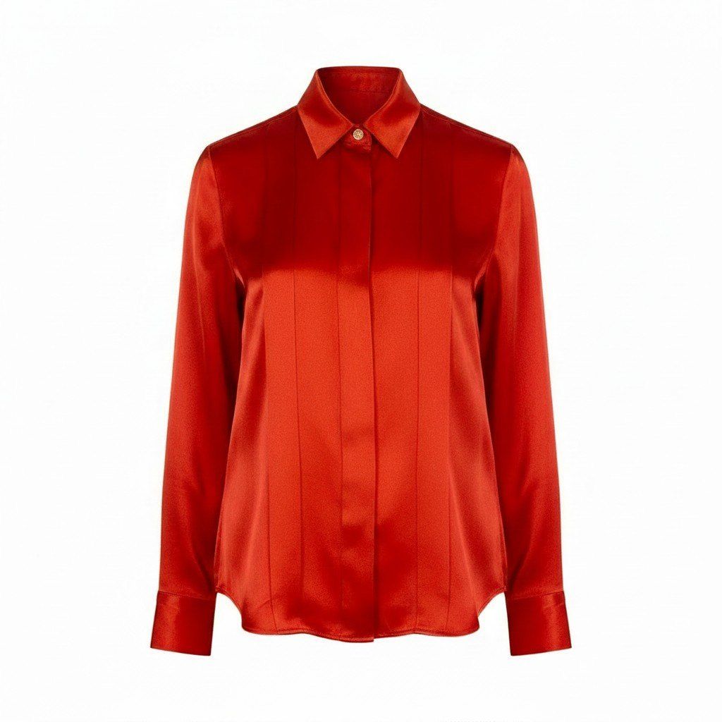 Cf29 CHANEL BOUTIQUE シャネル ブティック 長袖シャツ ココマークボタン 金ボタン サテン レディース 女性用 レッドu02t