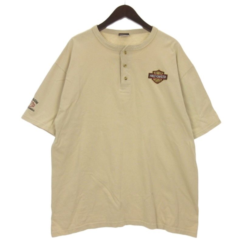 ハーレーダビッドソン HARLEY DAVIDSON ヘンリーネック Tシャツ 半袖 USA製 ベージュ XL ■GY28