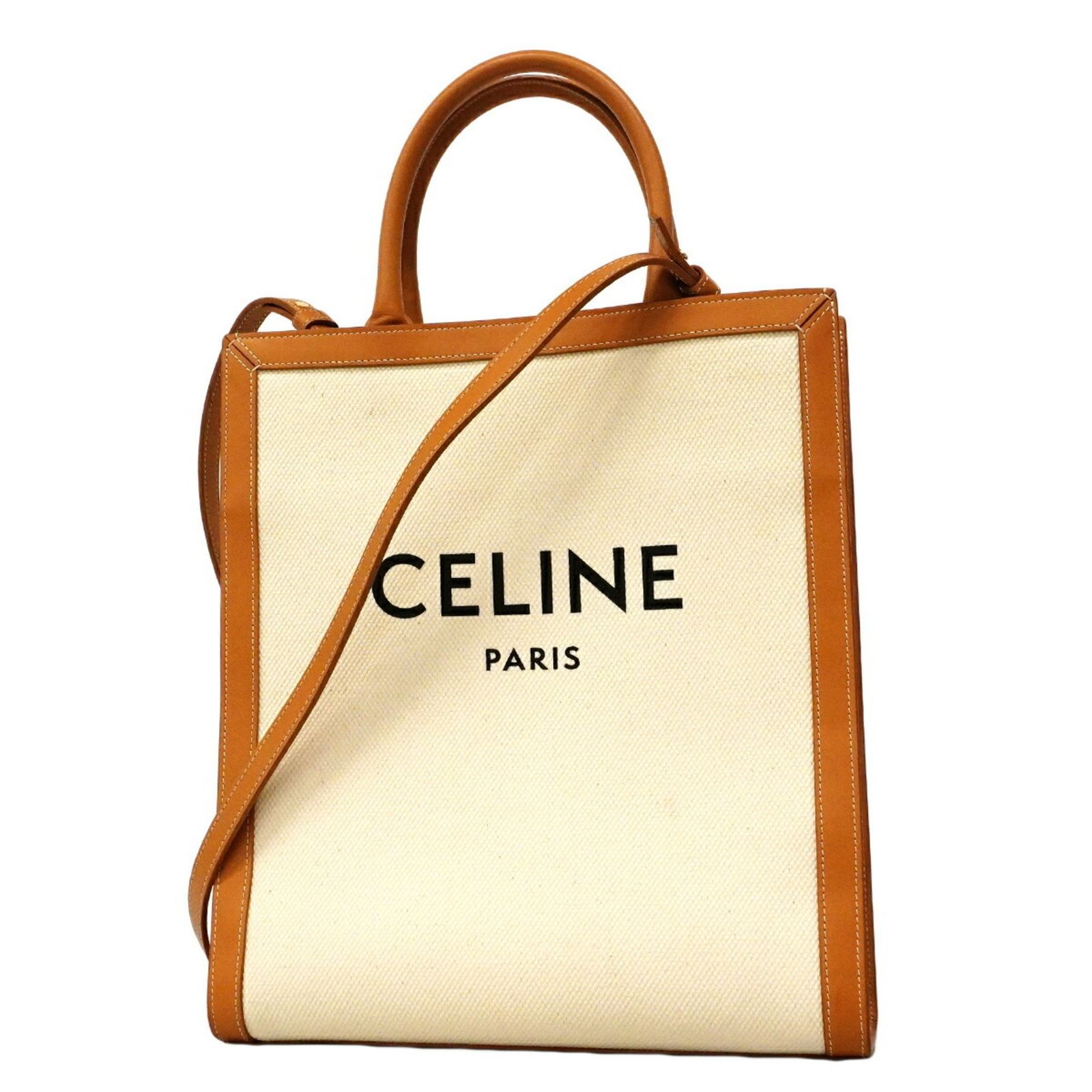 セリーヌ(Celine) セリーヌ トートバッグ バーティカルカバ キャンバス レザー ホワイト ブラウン 2wayバッグレディース