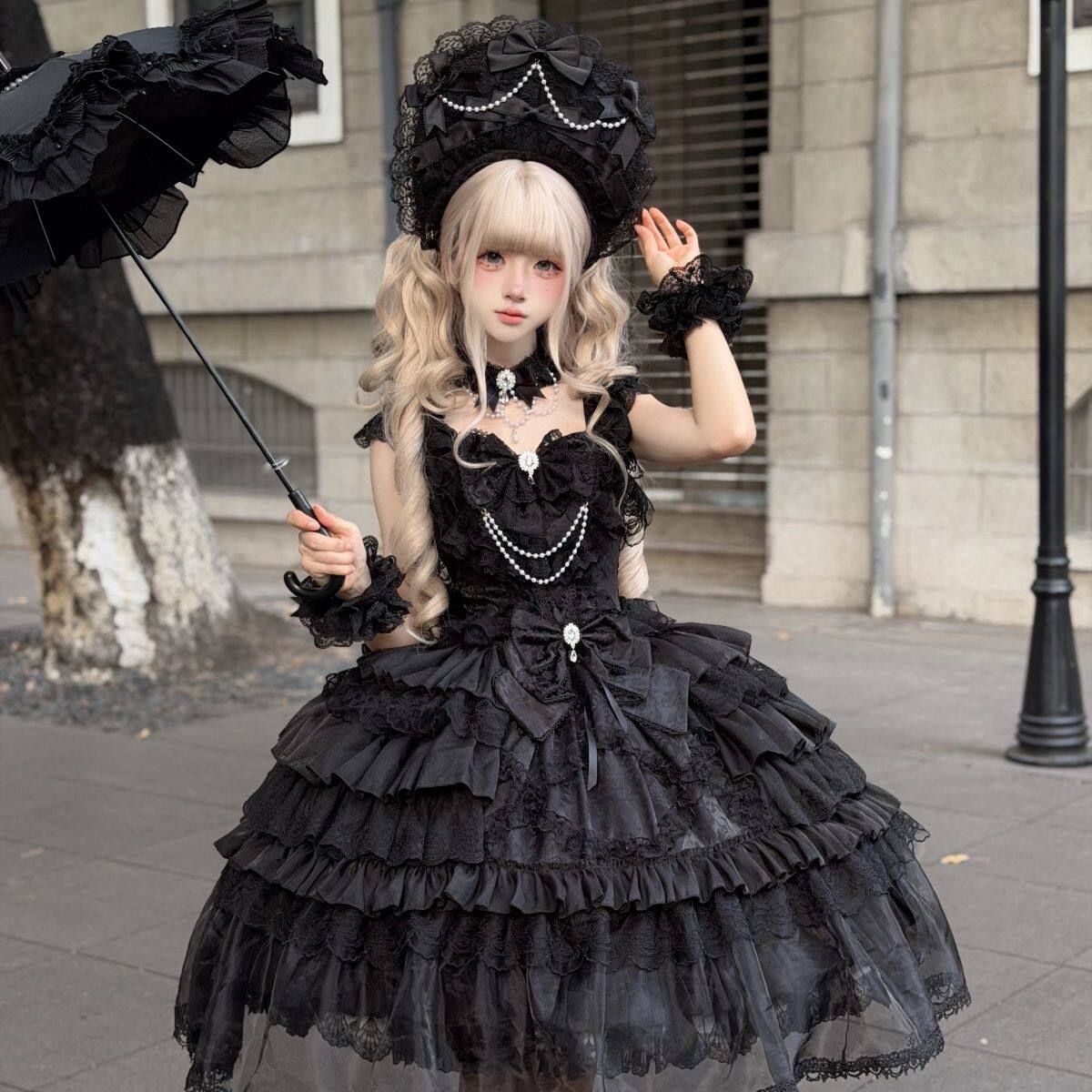 ゴスロリ・ロリータドレス 黒 レース フリル　ロリィタJSK　ジャンパースカート ゴスロリ・ロリータドレス 黒 レース フリル ロリィタJSK ジャンパー
