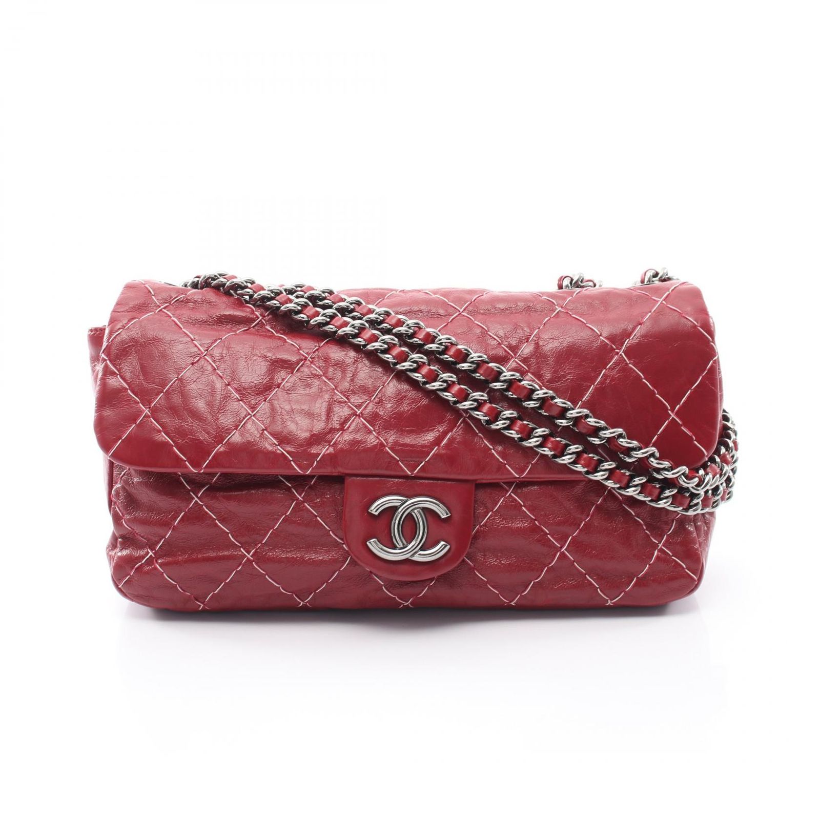 シャネル CHANEL ショルダーバッグ ワイルドステッチ レッド レザー ワイルドステッチ チェーンショルダー レディース Used B