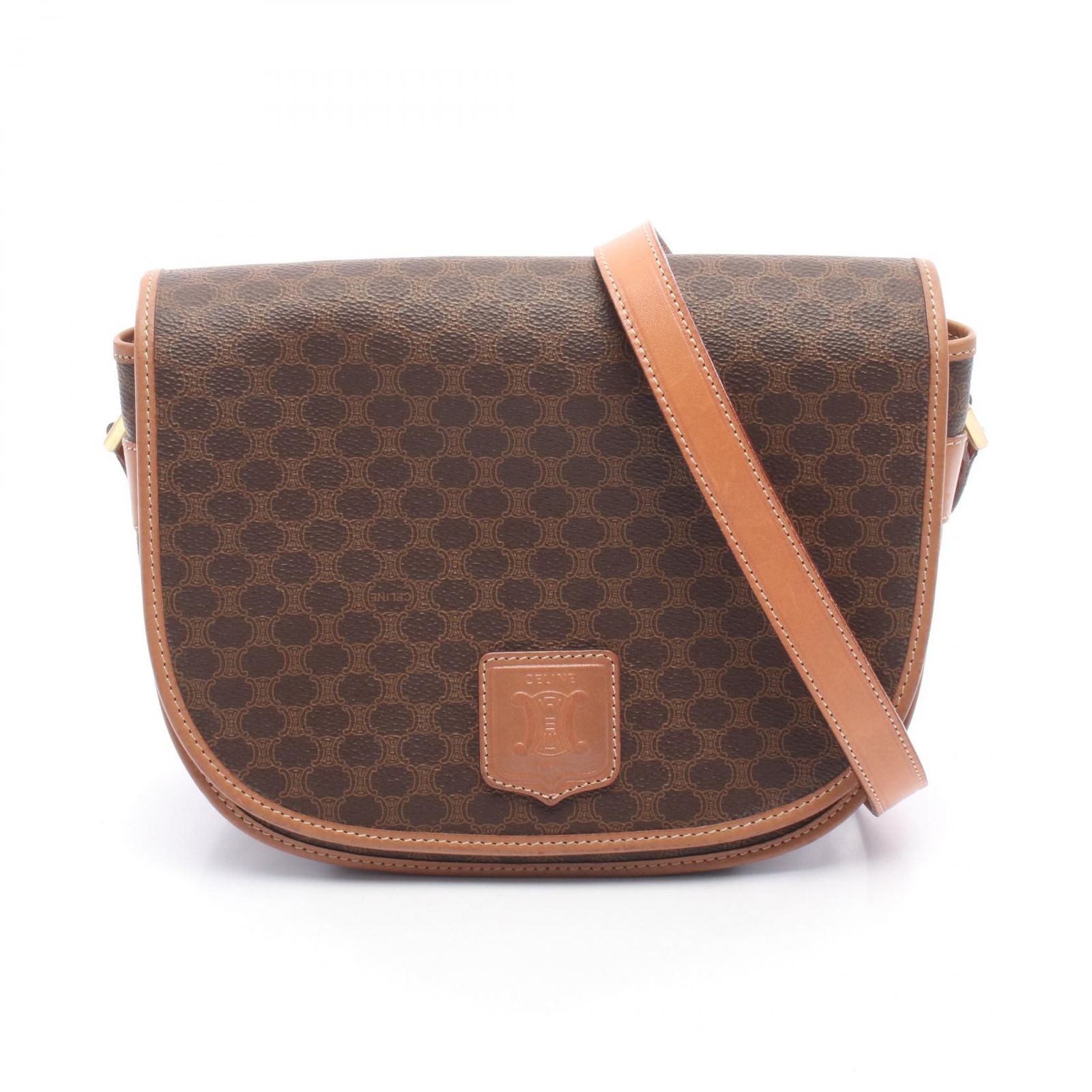 セリーヌ CELINE ショルダーバッグ マカダム ダークブラウン PVCコーティングキャンバス レザー マカダム ショルダー レディース Used B