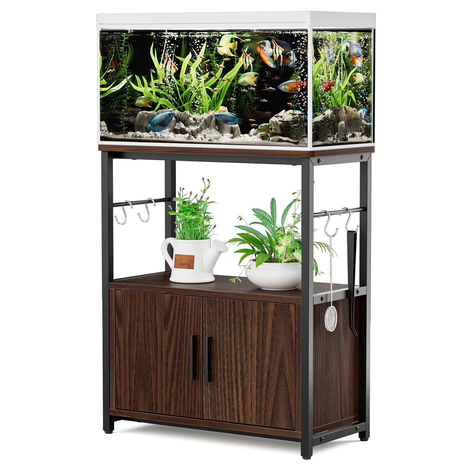 DEWEL 水槽台 60cm 水槽 台 ラック 棚 スタンド キャビネット/配線溝付 水槽棚 総耐荷重約200kg 面取り加工 水槽ラック 60cm水槽用 フック/アジャスター付 3段 幅60 奥行き30 高さ70cm 木製 (ウォールナット)