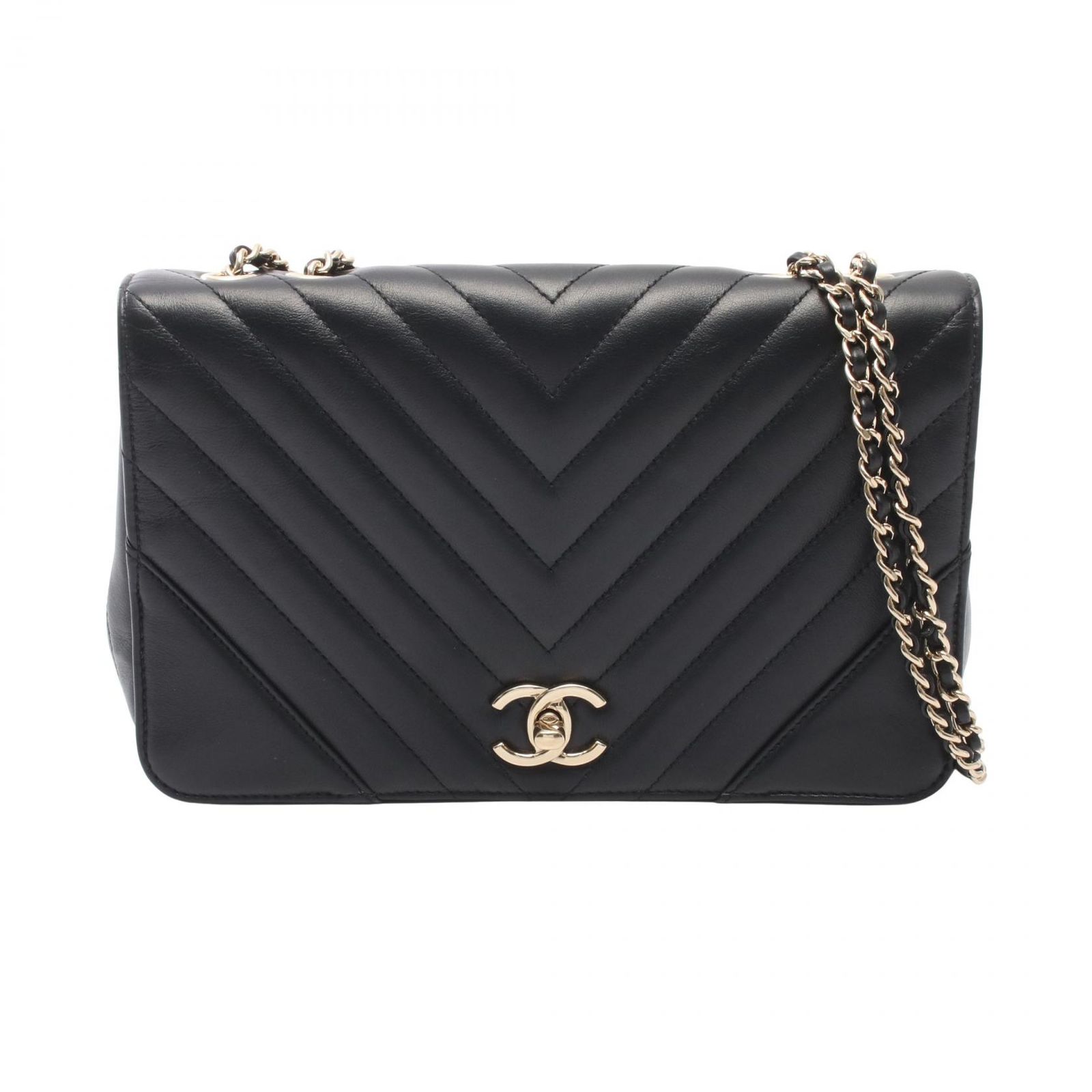 シャネル CHANEL ショルダーバッグ シェブロン Vステッチ フルフラップ ブラック ラムスキン（羊革） シェブロン Vステッチ フルフラップ チェーンショルダー