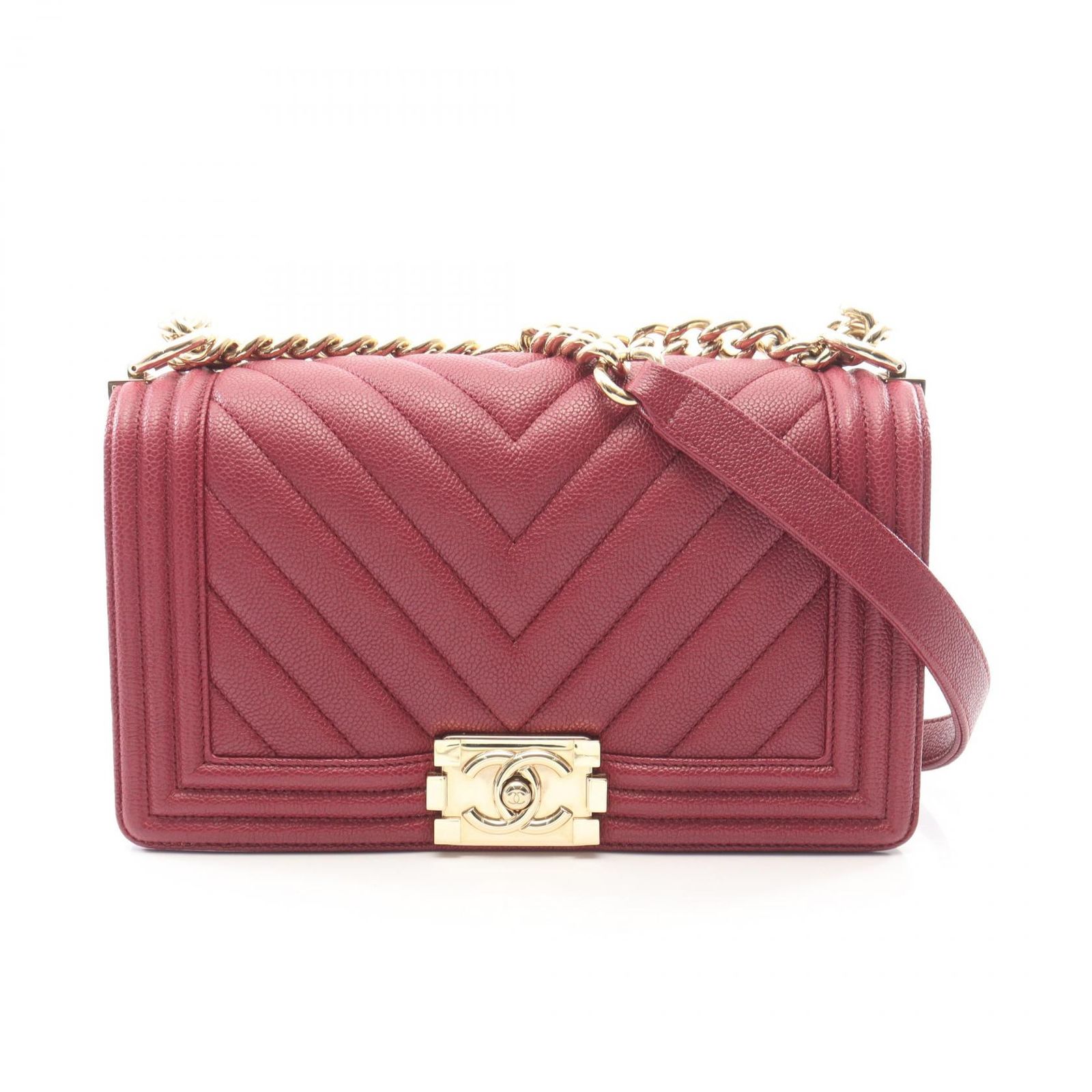 シャネル CHANEL ショルダーバッグ ボーイシャネル A67086 ワインレッド キャビアスキン(グレインドカーフ) ボーイシャネル Vステッチ チェーンショルダー レディース