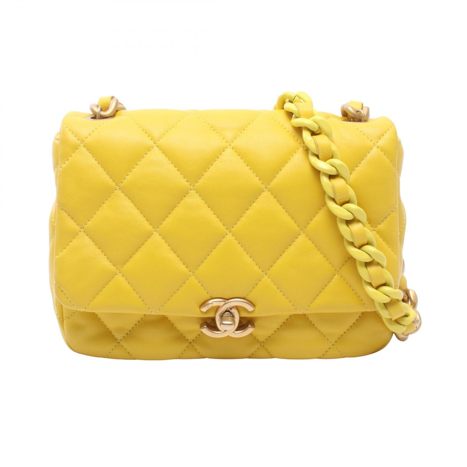 シャネル CHANEL ショルダーバッグ ミニマトラッセ AS3205 イエロー レザー マトラッセ スモールフラップ チェーンショルダー レディース Used A