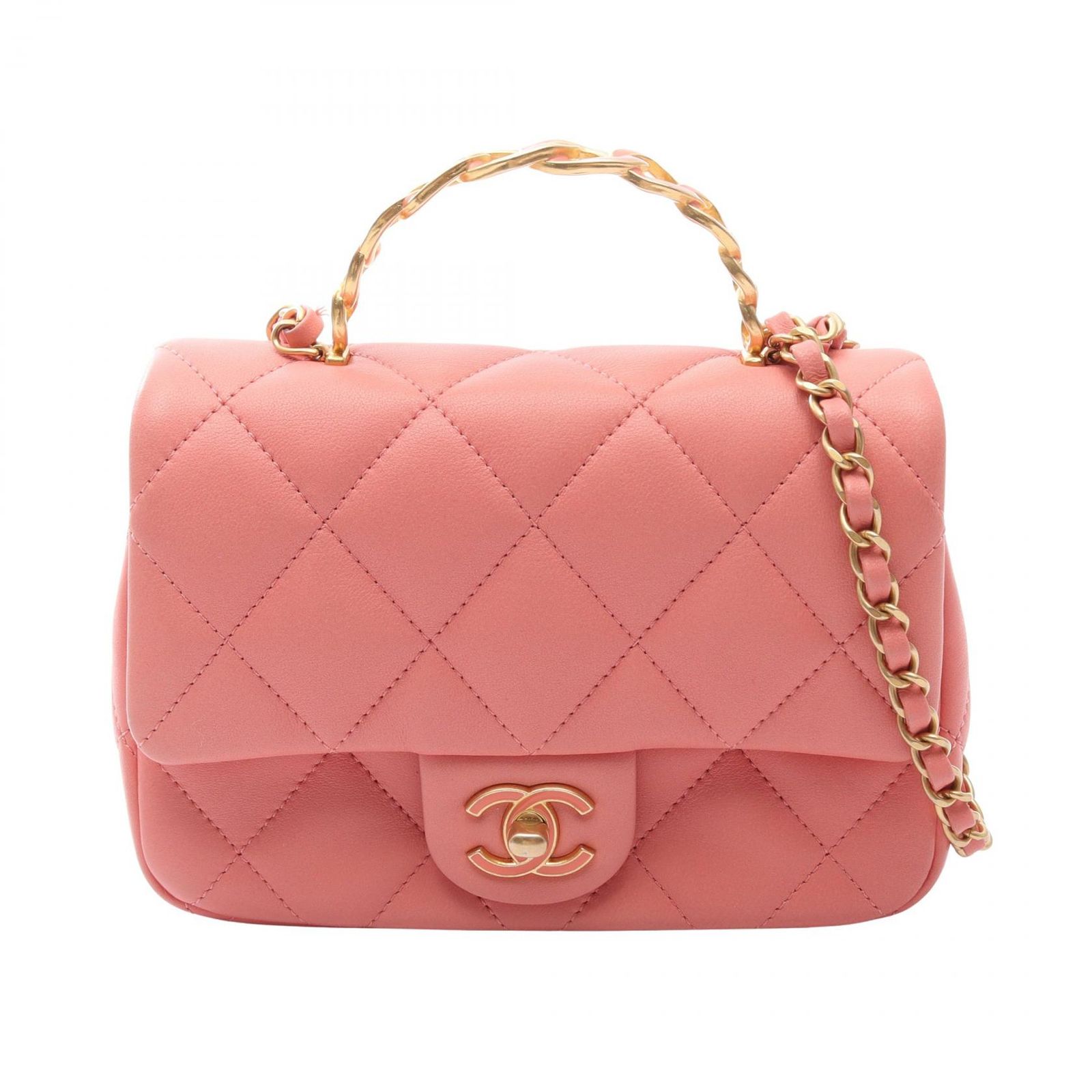 シャネル CHANEL ショルダーバッグ トップハンドル マトラッセ スモールフラップ 2WAY AS5277 コーラルピンク ラムスキン（羊革） マトラッセ トップハンドル スモールフラップ チェーンショルダー