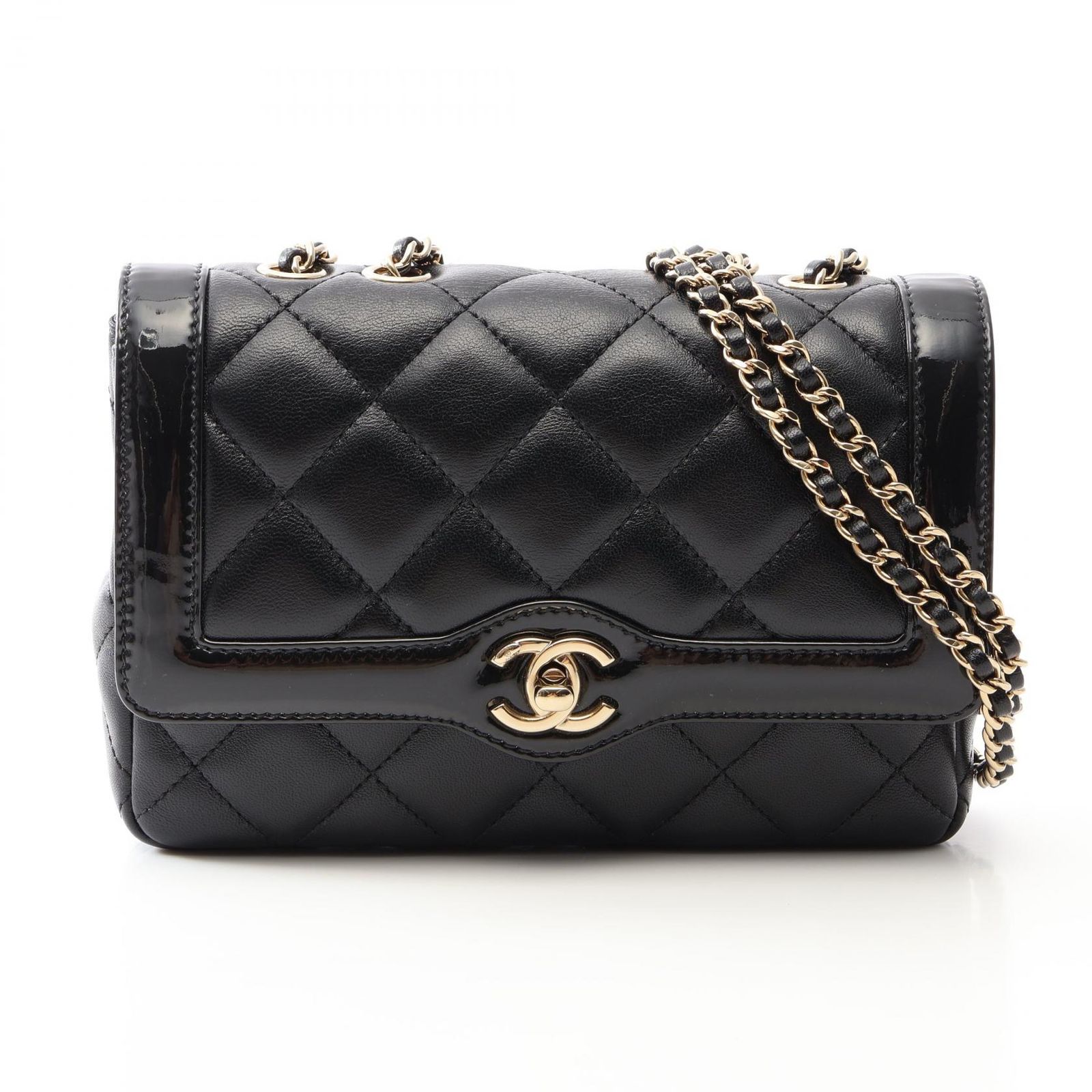 シャネル CHANEL ショルダーバッグ マトラッセ ブラック ラムスキン（羊革） パテントレザー マトラッセ スモールフラップ チェーンショルダー レディース