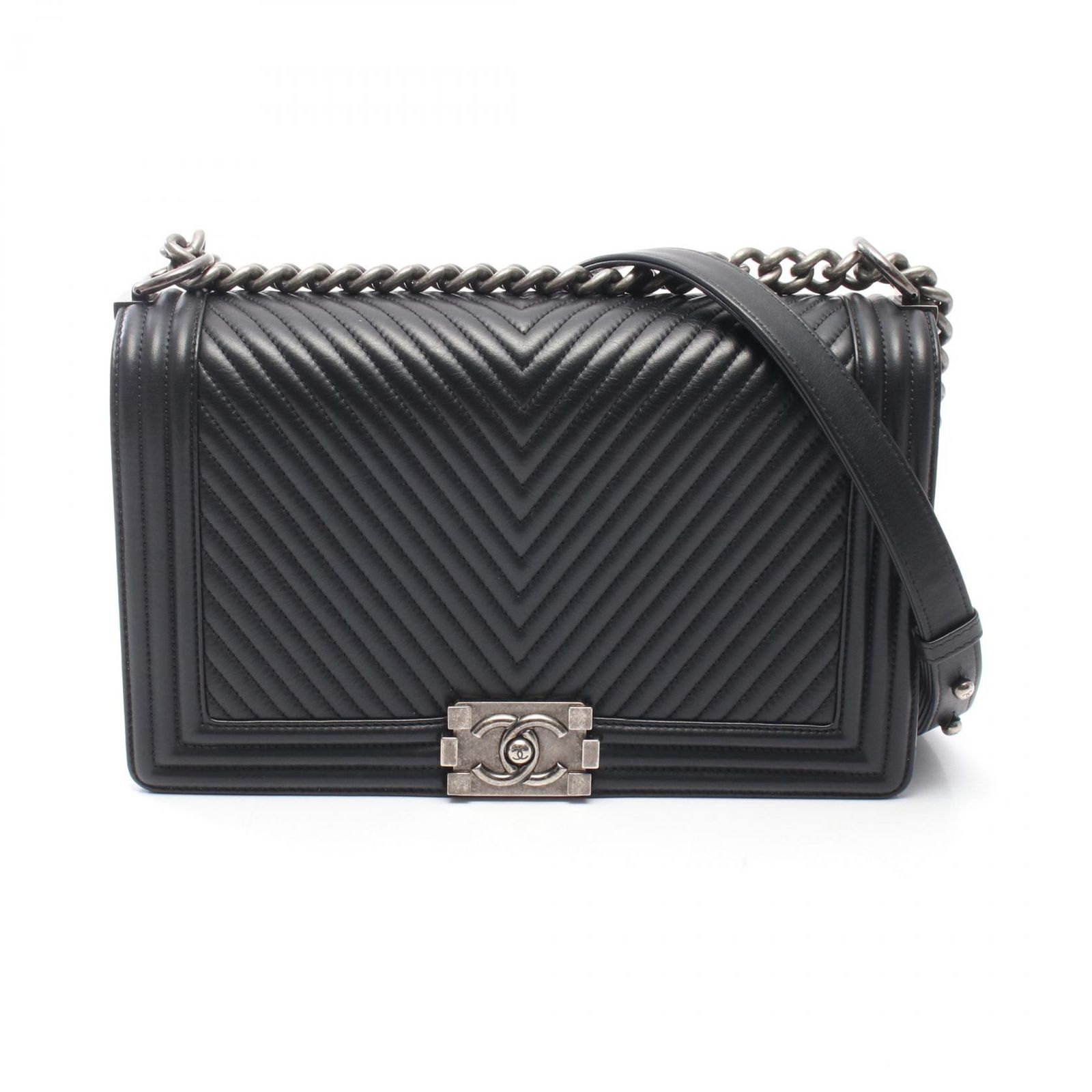シャネル CHANEL ショルダーバッグ ボーイシャネル ラージ シェブロン A92193 ブラック ラムスキン（羊革） ボーイシャネル Vステッチ チェーンショルダー レディース