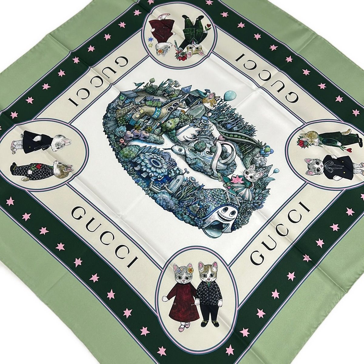 GUCCI(グッチ) スカーフ美品 - アイボリー×イエローグリーン×マルチ ネコ/ヒグチユウココラボ