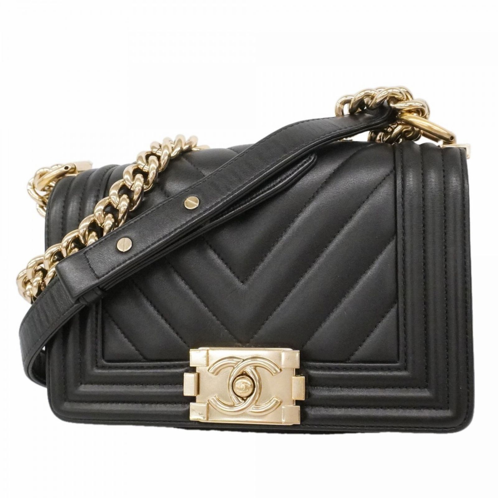 シャネル(Chanel) シャネル ショルダーバッグ ボーイシャネル Vステッチ チェーンショルダー ラムスキン ブラック シャンパンレディース