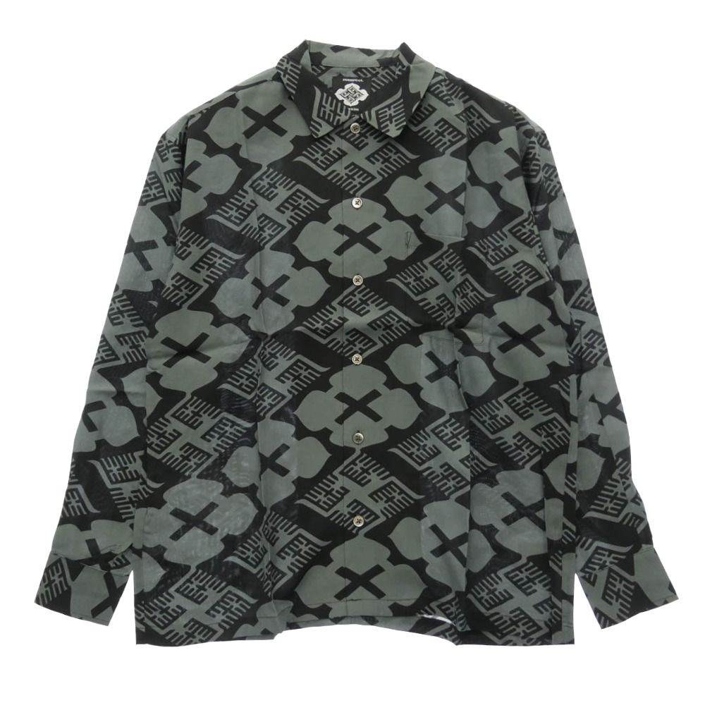 バッズプール BUDSPOOL × GAKKIN ガッキン 花罰 総柄 × 麻 PATTERN S/L Shirt シャツ 長袖 ブラック系 グレー系 M【新古品】【未使用】【中古】
