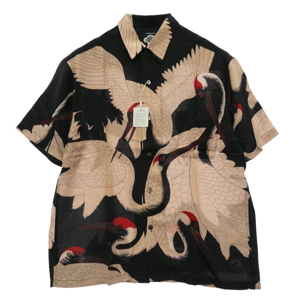 バッズプール BUDSPOOL 24SS × GAKKIN ガッキン 赤目鶴 総柄 HAWAIIAN SHIRT アロハ シャツ 半袖 ブラック系 ベージュ系 M【新古品】【未使用】【中古】