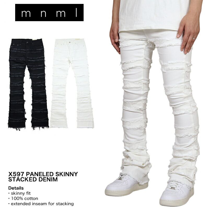 mnml デニムパンツ ミニマル フレアパンツ スキニーデニム スキニーパンツ ダメージデニム メンズ ブランド 大きいサイズ おしゃれ おすすめ 人気 mnml128 ブラック 28 29 30 32 34 36 38
