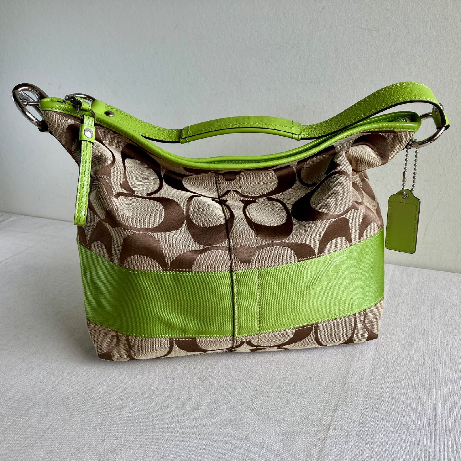 Vintage Coach Signature Hobo Shoulder Bag Khaki Lime Green Leather 