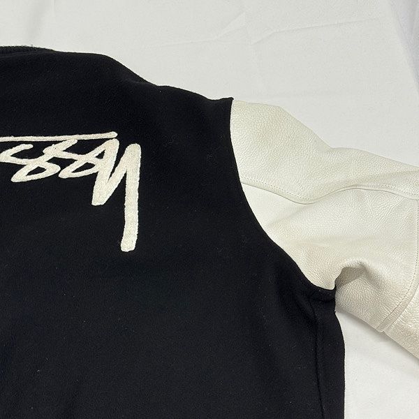 スタジャン 90s ビンテージ usa製 ウイングフット ザガラワッペン 袖革！ STUSSY/ステューシー OLD 90s USA製 BURLY GEAR ワッペン付き 袖レザー