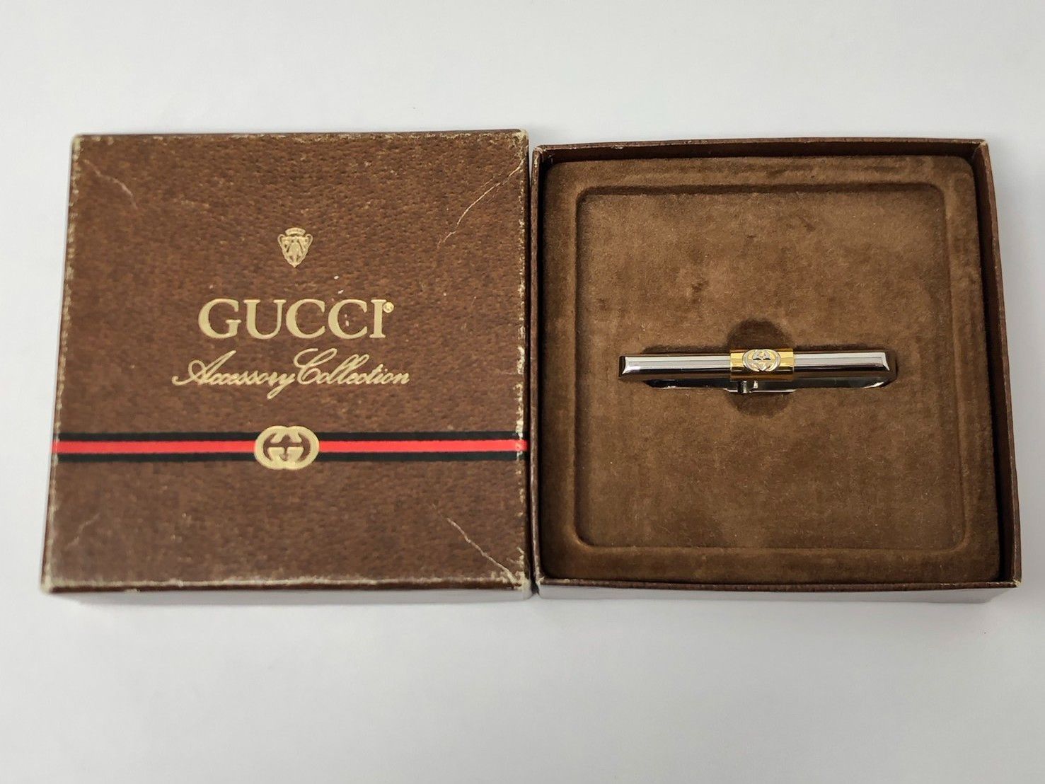 GUCCIアクセサリーコレクション。ネクタイピン シルバー ゴールド。希少。 ◇GUCCI グッチ ネクタイピン ゴールド シルバー 箱付き 中古◇21969