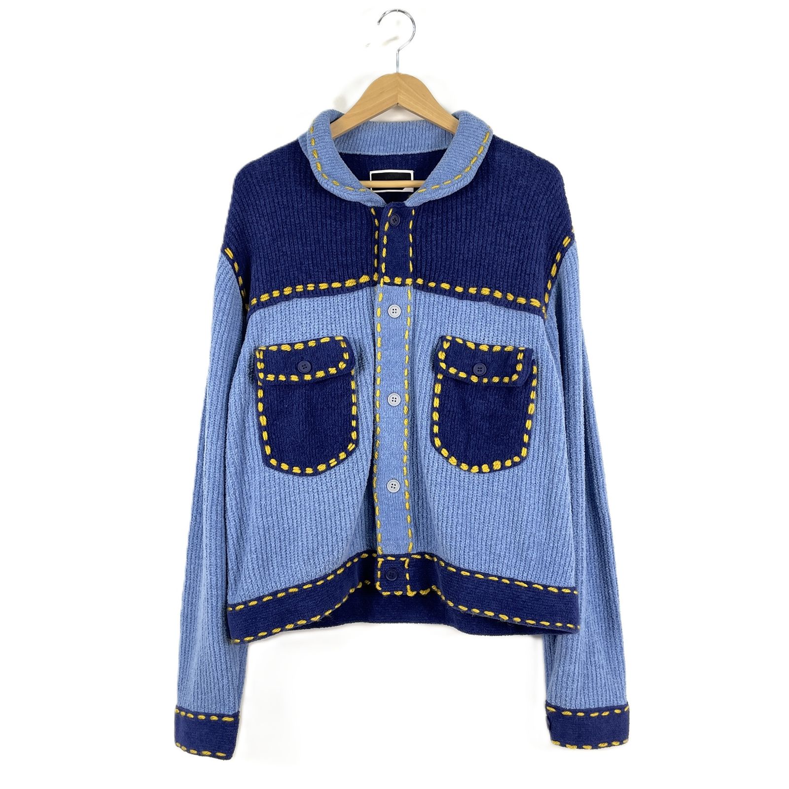 PHINGERIN　フィンガリン　24AW　PO-242-KN-011　PG1　KNIT　ステッチデザイン　ニットカーディガン　ニットジャケット　Mサイズ　ブルー