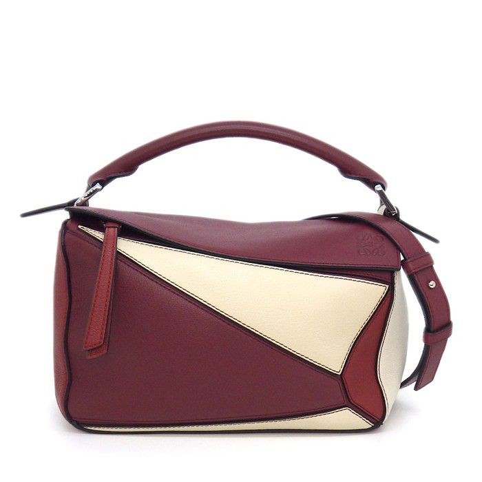 ロエベ LOEWE ショルダーバッグ パズルバック スモール ワイン ガーネット アイボリー ソフトグレインカーフ シルバー金具 【中古】 144,000円