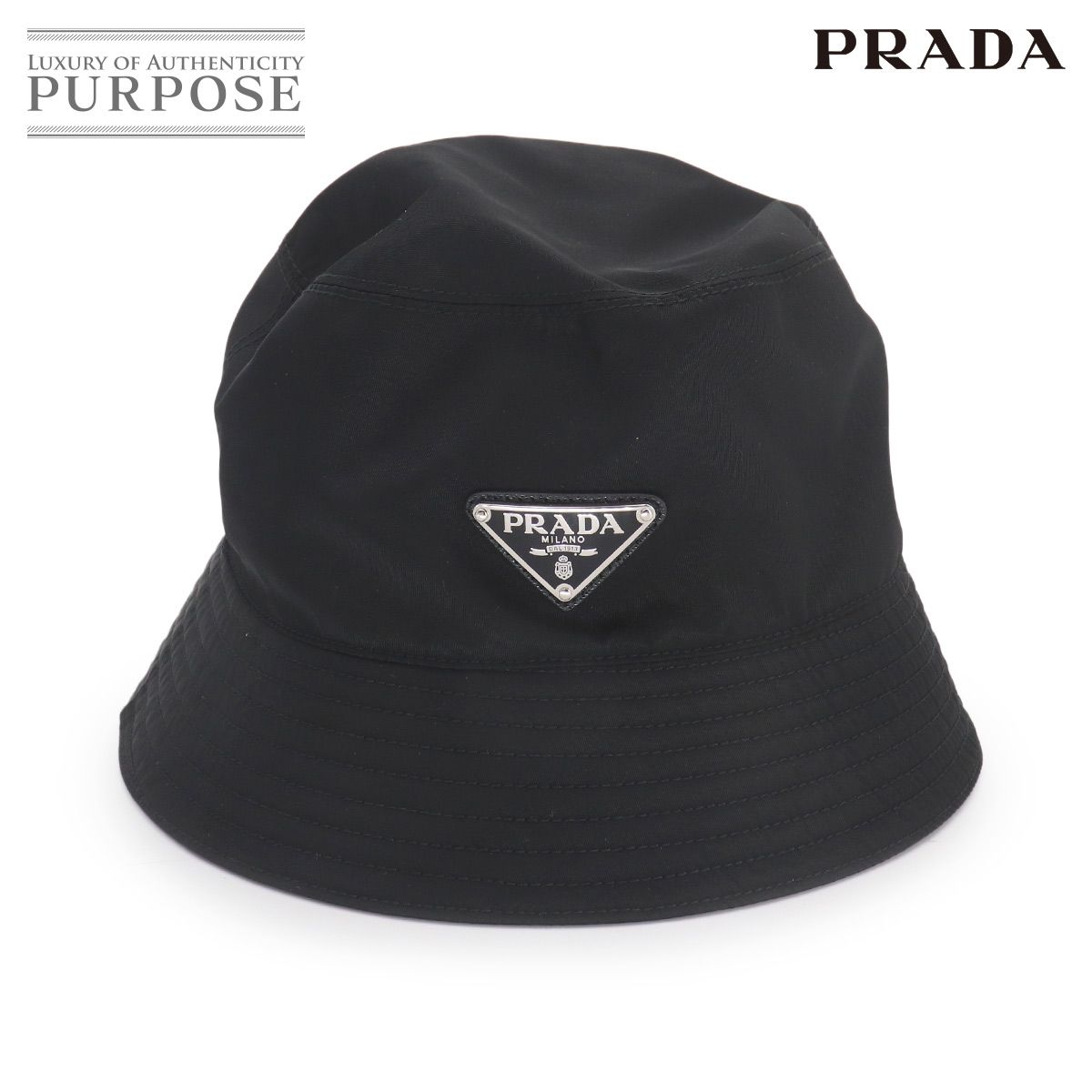 新品同様 プラダ PRADA トライアングルロゴ バケットハット 帽子 ポリアミド ナイロン ブラック S 1HC137 Bucket Hat 90329238