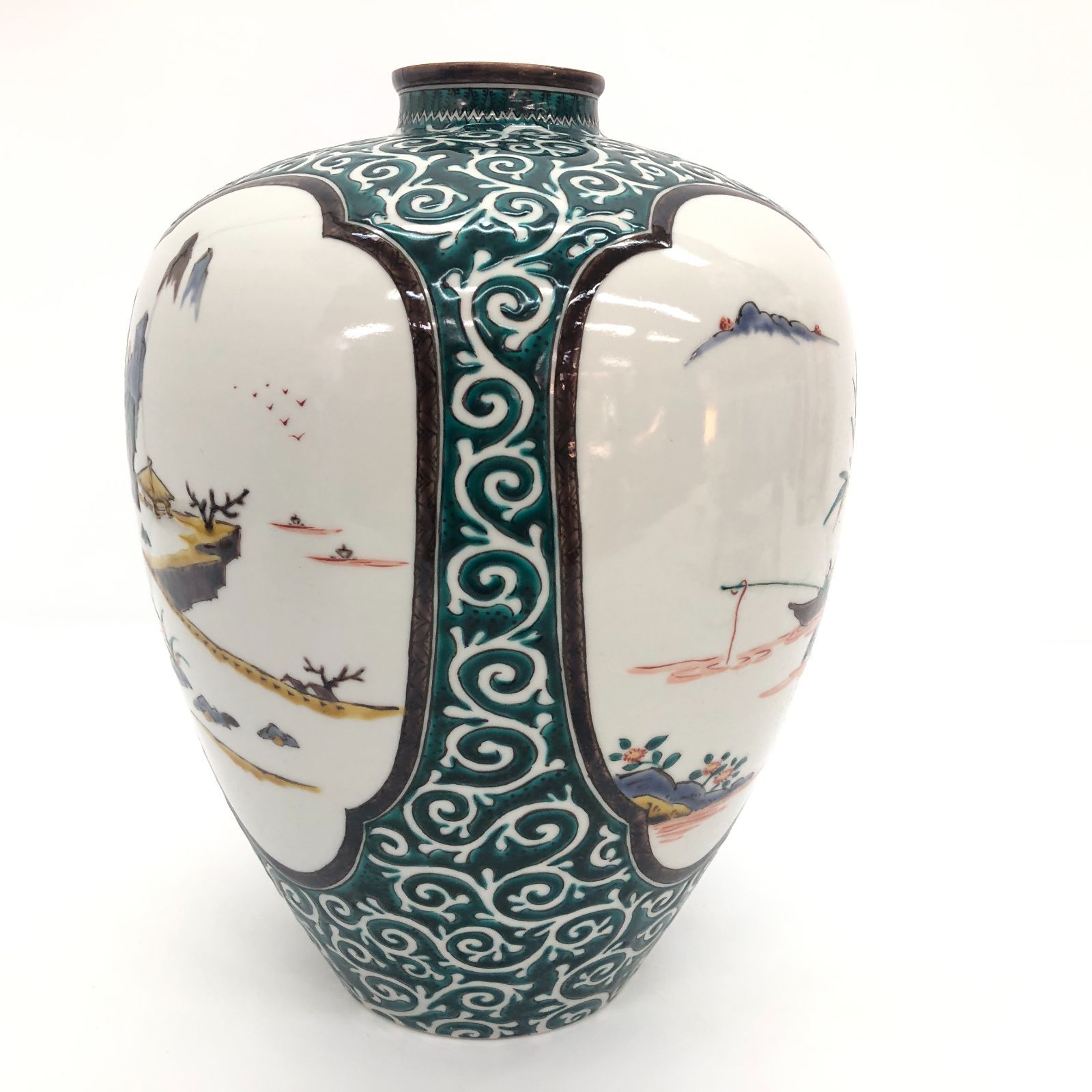 九谷焼 瓢花入 花器 フラワーベース 瓢箪型花瓶 花生 色絵付 山水図 置物 美品】九谷焼 三代三ツ井為吉 花瓶 花器 花入 花生 フラワーベース
