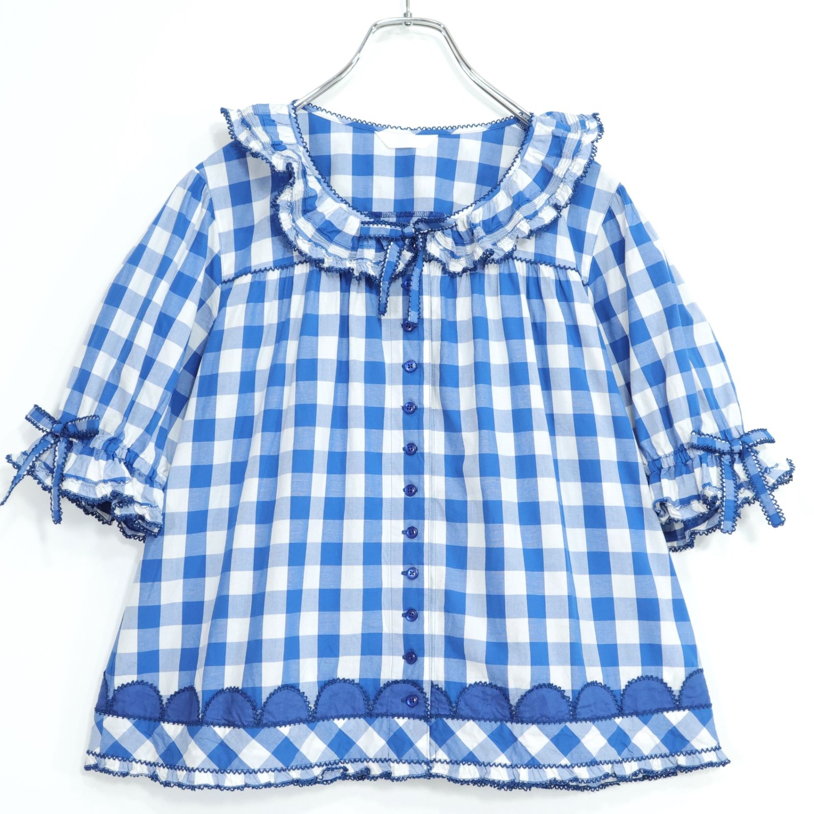 【美品】ピンクハウス★パッチワーク&フリル♪ブロックギンガムブラウス リボン ブルー系 2023年 z21516