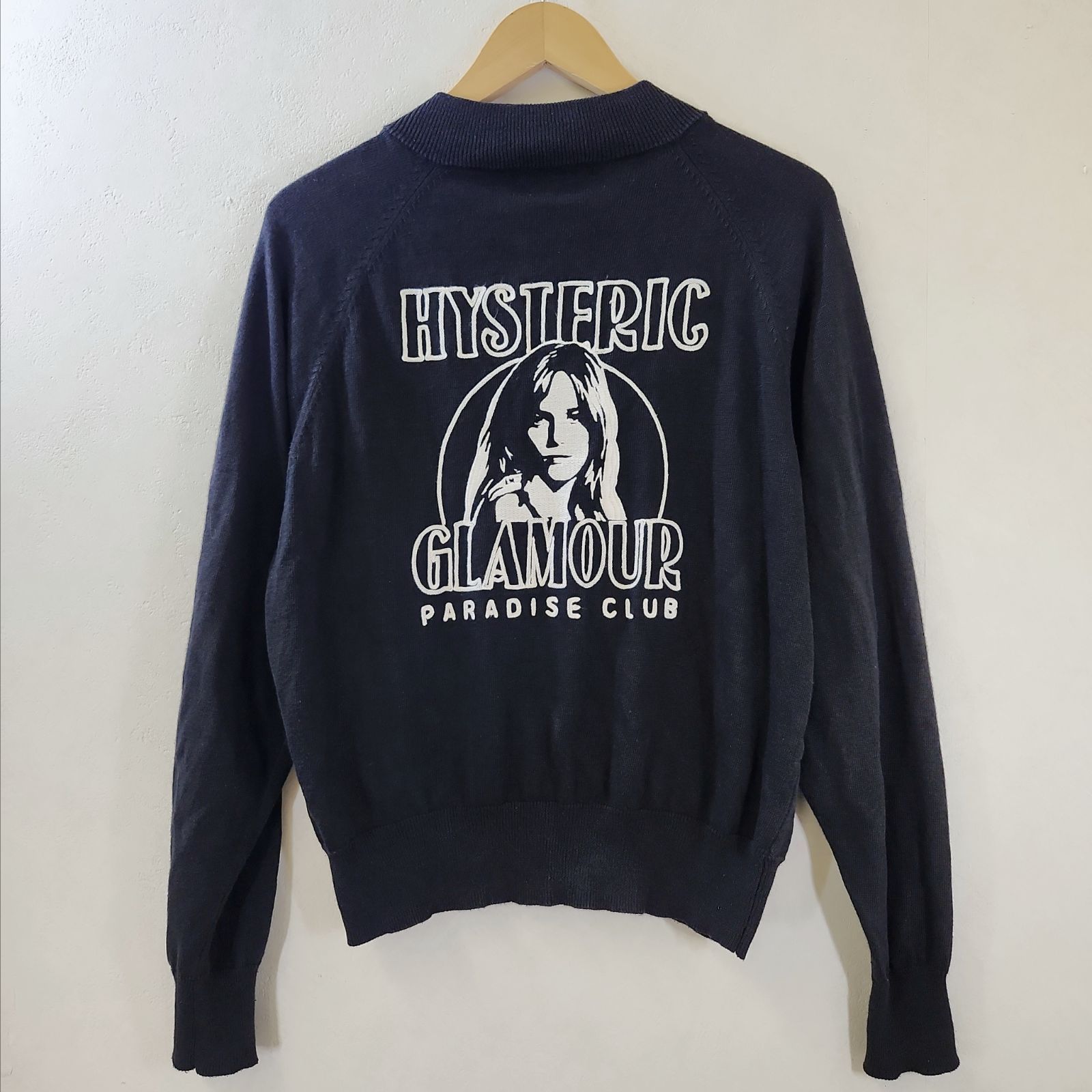 HYSTERIC GLAMOUR ヒステリックグラマー リネン混 ジップアップニット ブルゾン FREE 黒 ガールロゴ バック刺繍