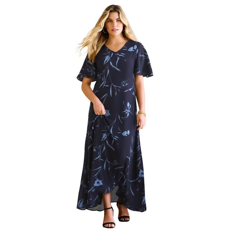 ロアマンズ レディース トップス ワンピース プラスサイズ Roamans Womens Plusize Flutter Sleeve Crinkle Dress Navy Blue Floral ネ