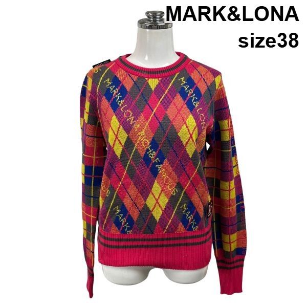 ◆ マークアンドロナ MARK&LONA セーター 長袖 クルーネック アーガイル柄 ロゴパッチ マルチカラー 毛 38 M 9号 レディース S6H187