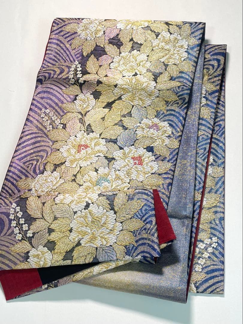 袋帯 正絹 振袖 牡丹 金糸 キラキラ 芯なし仕立て F1647
